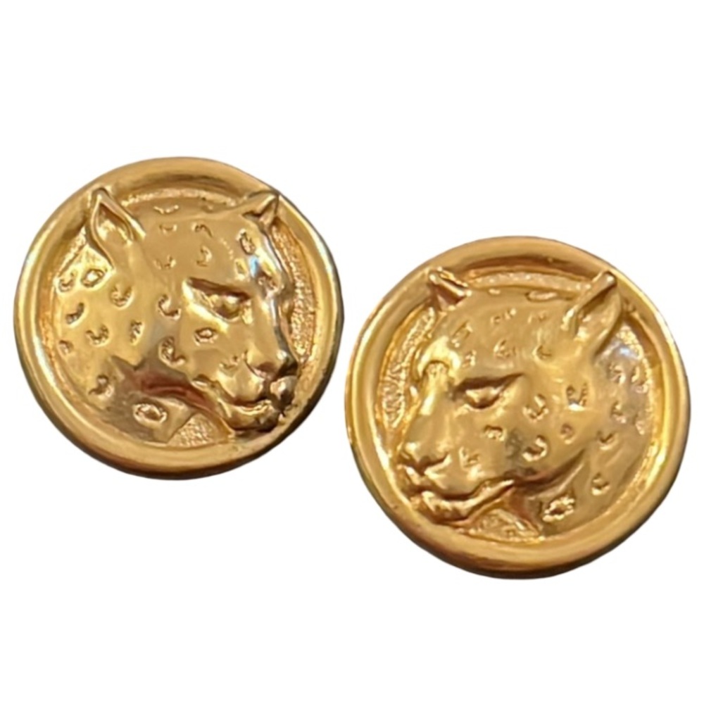 Vintage 80s-90s Designer Gold Plated Chunky Textured Leopard Circle Stud Earring